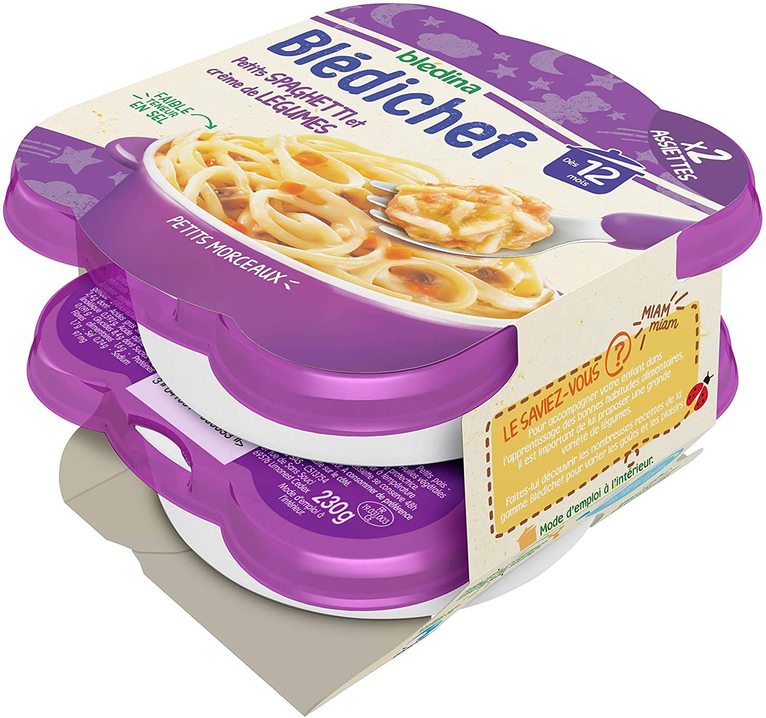 Blédina - Blédichef - Repas Bébé 12 Mois - 8 Plats Bébé - Spaghetti Crème de Légumes - Faible Teneur en Sel - Dès 12 Mois - 8 Assiettes de 230g