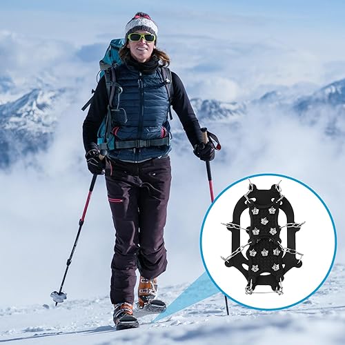 Miniatura 7 de Landhoow 2 pares de crampones para botas de senderismo antideslizantes de tracción de hielo 12 picos de escalada de acero inoxidable para invierno
