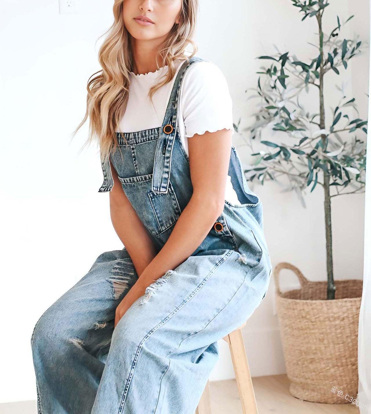 chouyatou Tuta da donna con bretelle regolabili in denim con bretelle larghe e effetto invecchiato
