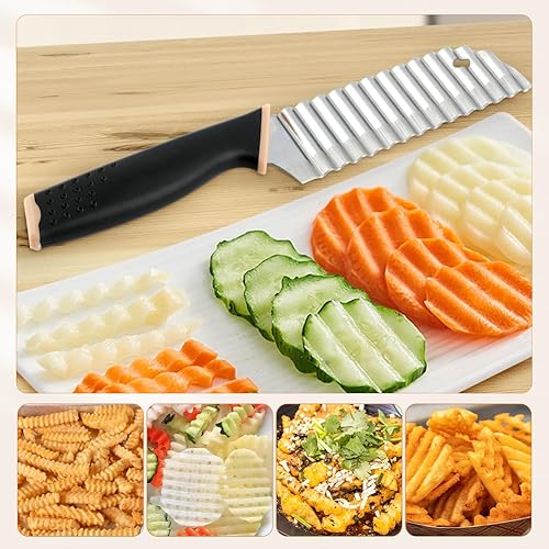 Miniatura 5 de Cuchillo de corte arrugado, mango de goma, cortador de papas fritas de acero inoxidable con soporte para cebolla, cuchillo para cortar ensalada de