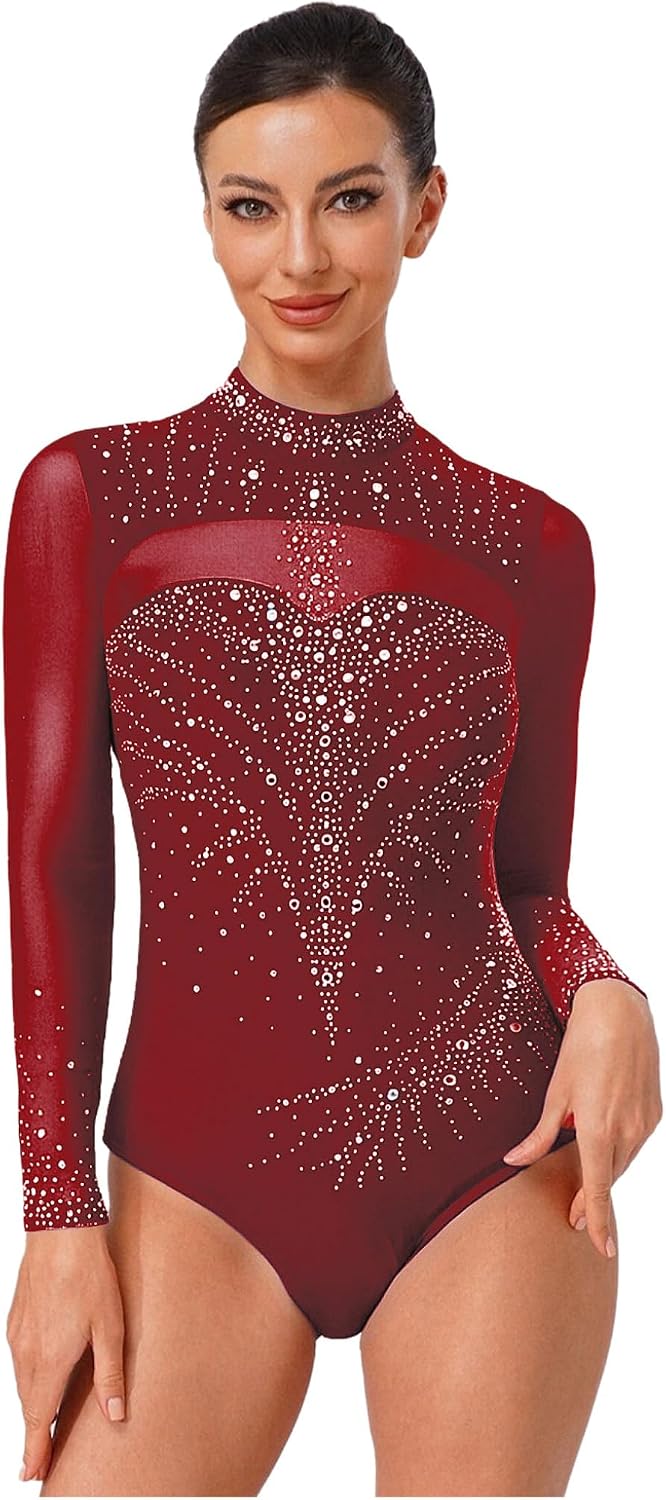 JanJean Adult Women Glittery Rhinestone Dance Bodysuit One-Piece Gymnastics Outfit for Training