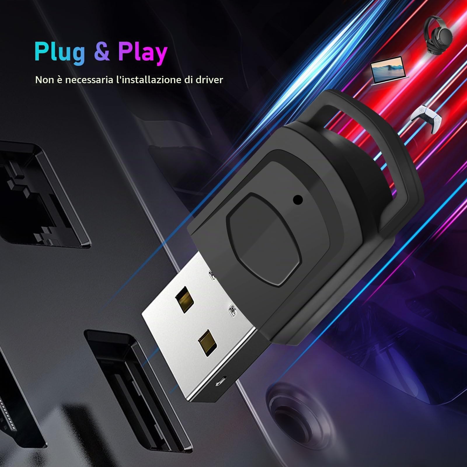5.0 Adattatore audio Bluetooth USB per PS5/PS4/PC, Bluetooth Dongle, USB Blue Tooth Adattatore PC con mini microfono, Plug & Play