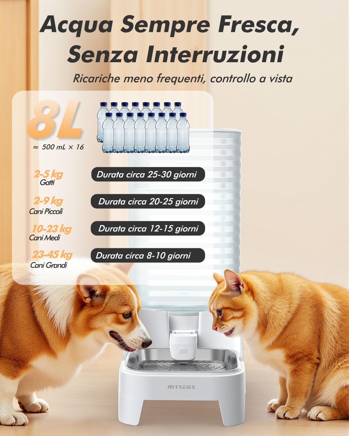 8L Automatico a Gravità Distributore di Acqua per Gatti e Cani, Senza elettricità, Con Filtro, Ciotola in Acciaio Inox 304 e Rubinetto Antigoccia Brevettato, Ideale Per Famiglie Con Più Animali
