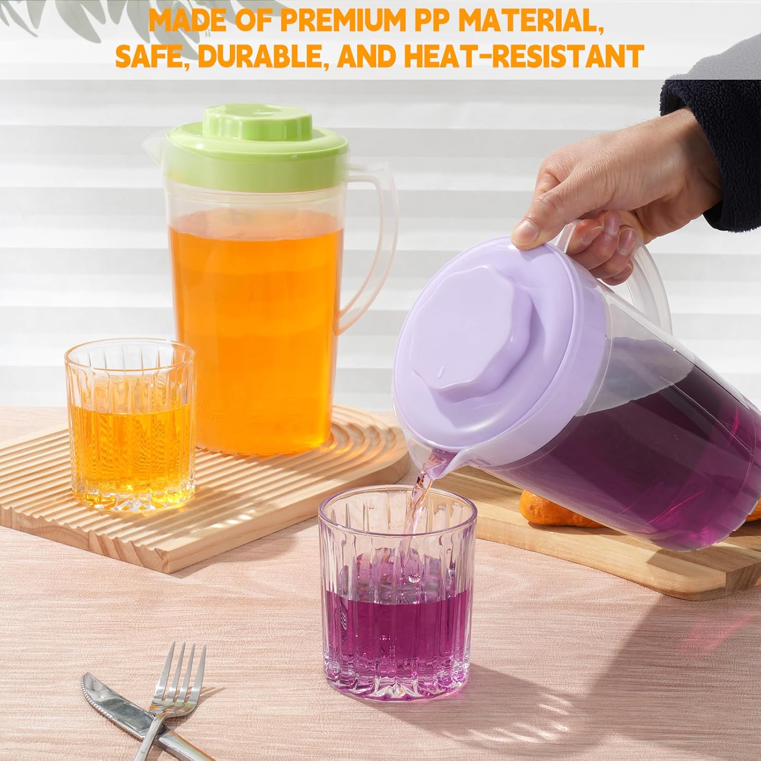 6 Pack Round Clear Plastic Pitcher with Lid & Handle, Easy Pour Bottles for Water Milk Tea Classroom Nursery Home(Colorful)