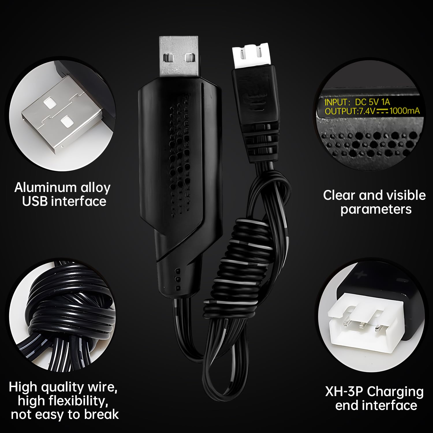 Lot De 2 Câbles Charge USB 7,4V 1A Pour Batterie Lipo 2S – Connecteur XH-3P, Led De Charge, Protection Surcharge, Compatible RC, Drone, Airsoft