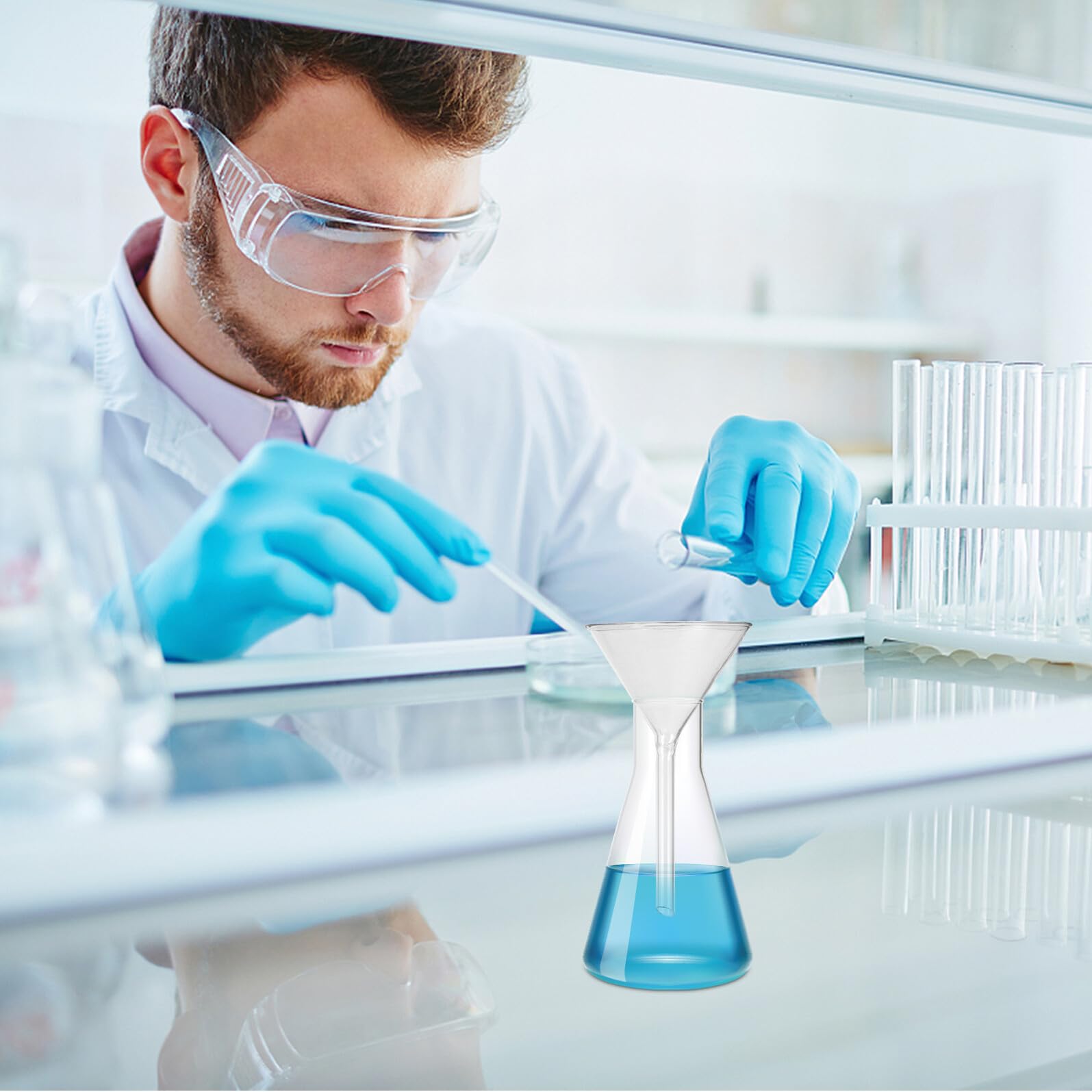 jojofuny Embudo de Vidrio Corto para Laboratorio Cuello Largo y Base Triangular, Juego de 4 Piezas Resistente y Fácil de Limpiar para Uso Científico