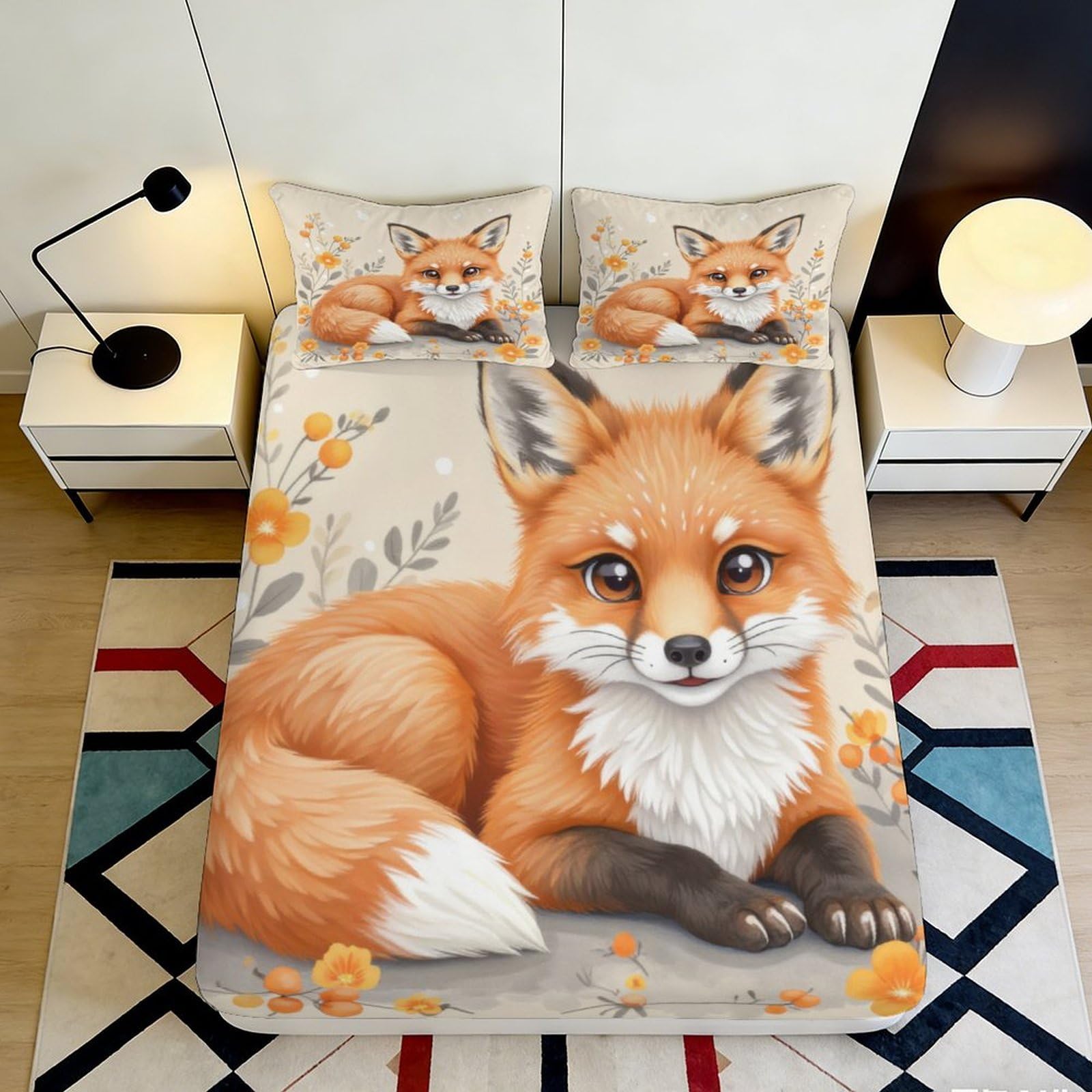 3D Printed Fox Pattern Fitted Sheet Microfiber Soft Cozy 3D Printed Floral Bed Cover for Bedroom Dormitory Guest Room Mattress Protection Decor 160x200x25cm