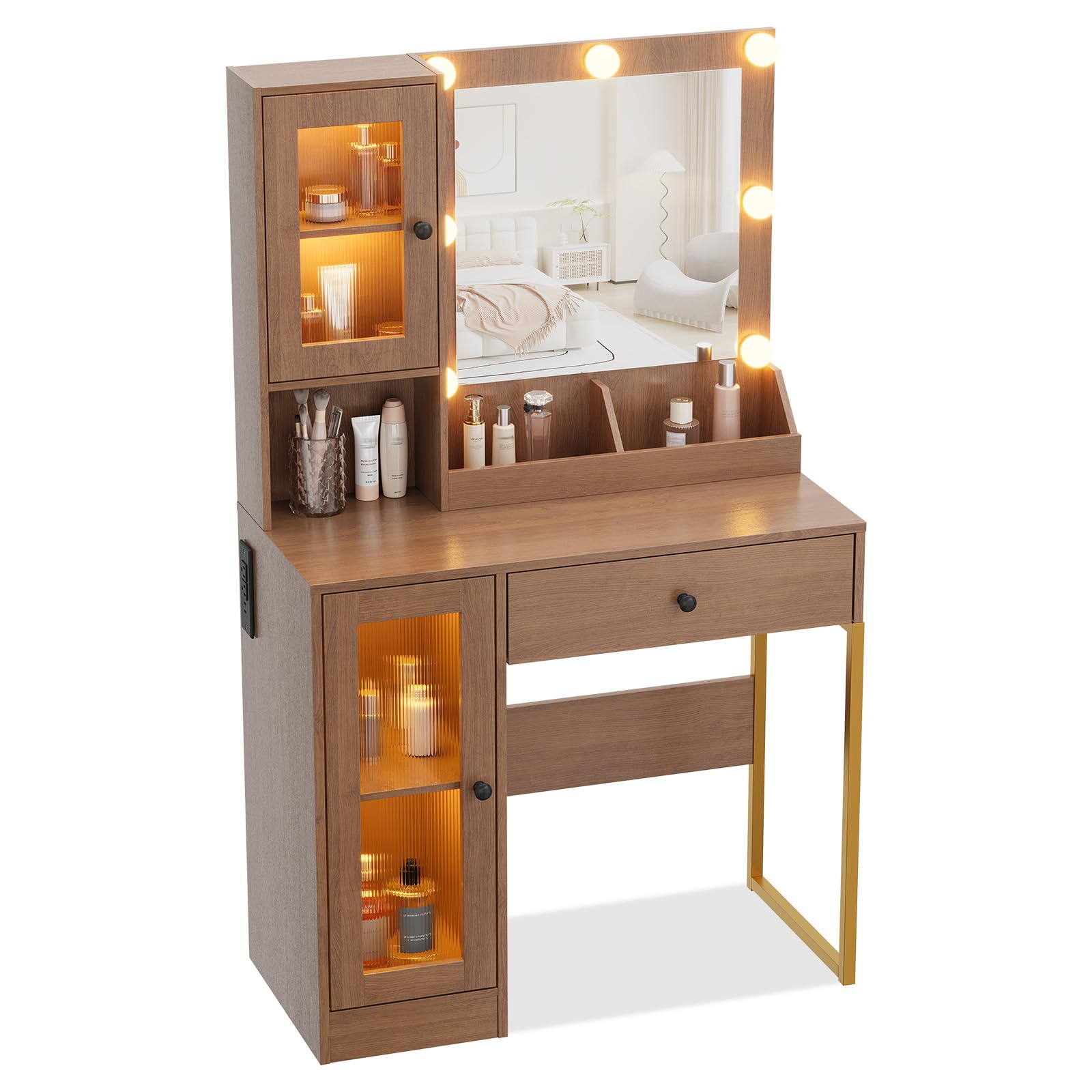 Tocador con Espejo e iluminación Elegante tocador con cajones y armarios, Espacio de Almacenamiento, MDF Resistente, Luces Regulables, enchufes Integrados y Puertos USB para Dormitorio