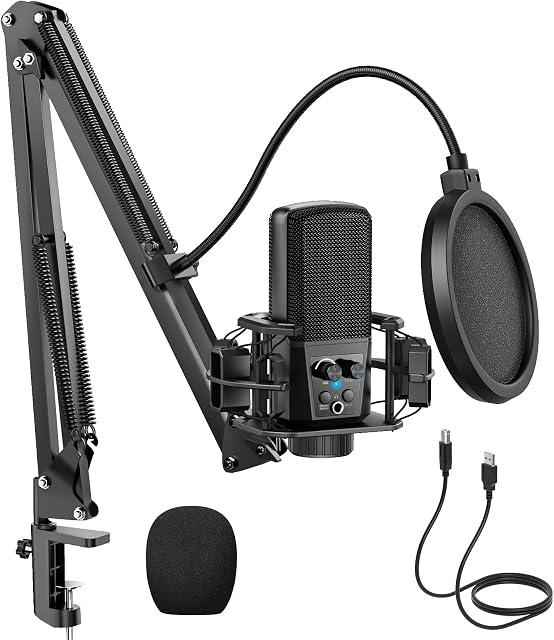 USB Microphone, 192Khz / 24Bit Condenser Microphone With Arm Stand Shock Mount, Plug and Play, Noise-Canceling, Podcast Microphone for Gaming Studio Recording Youtube Video Steaming