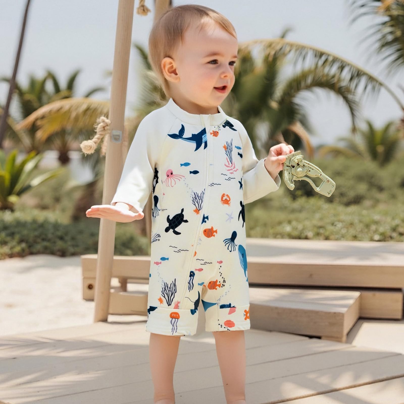 Toddler Baby Boy Girls One Piece Swimsuit Long Sleeve Zipper Bathing Suit with Hat Infant Rash Guard Swimwear (Ar-Beige, 6-9 Months)