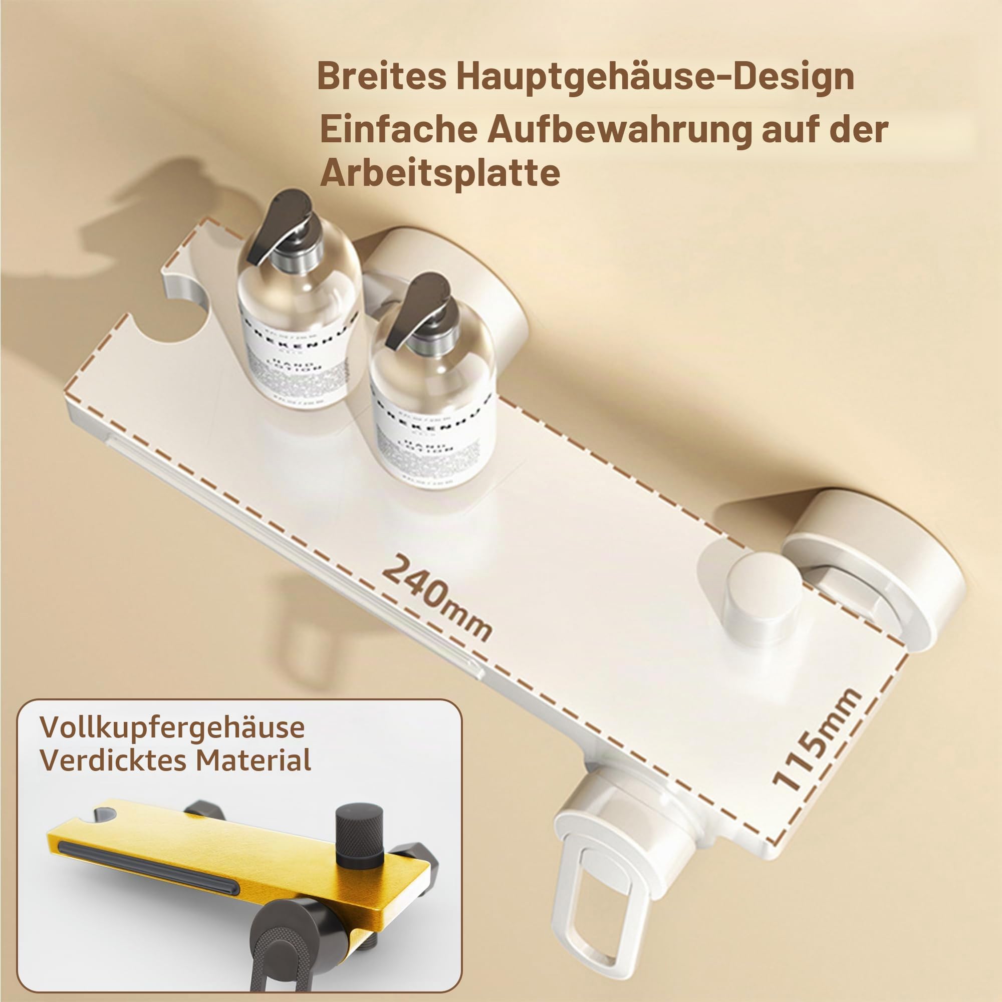 MocArt N502 Vollkupfer Badezapfen, Kalt-Warm-Regelung, Wandmontage, Handbrause mit 3 Stufen & Wasserfall-Auslass – Ideal für Badezimmerumbau und Modernisierung (Gebürstetes Gold)