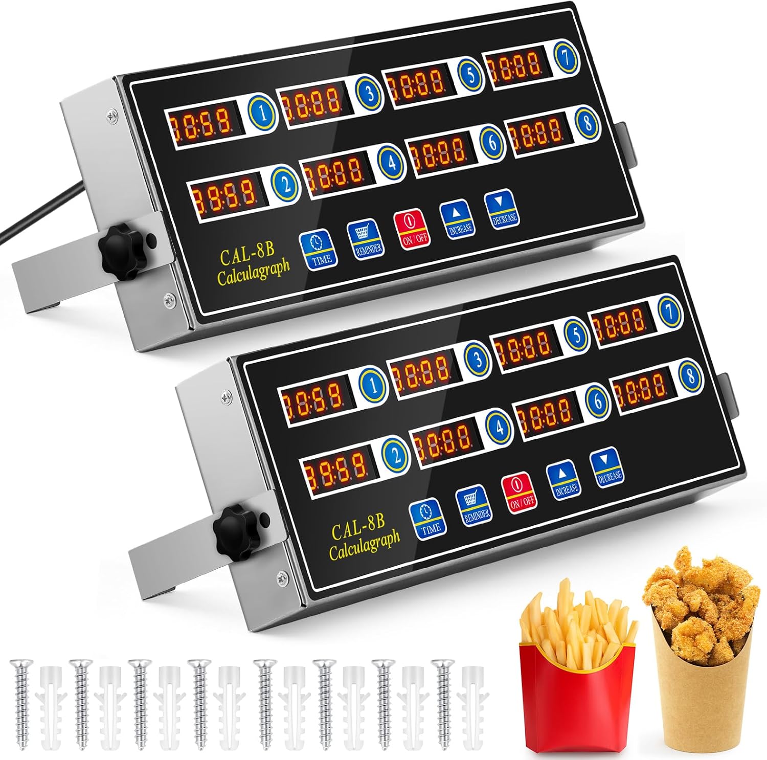 2 Pack Commercial 8 Channel Digital Kitchen Timer, Multi-Countdown Timer with Loud Alarm & Large LCD Display, Wall Mount or Countertop for Restaurant, Fry Station, Baking & Lab Use