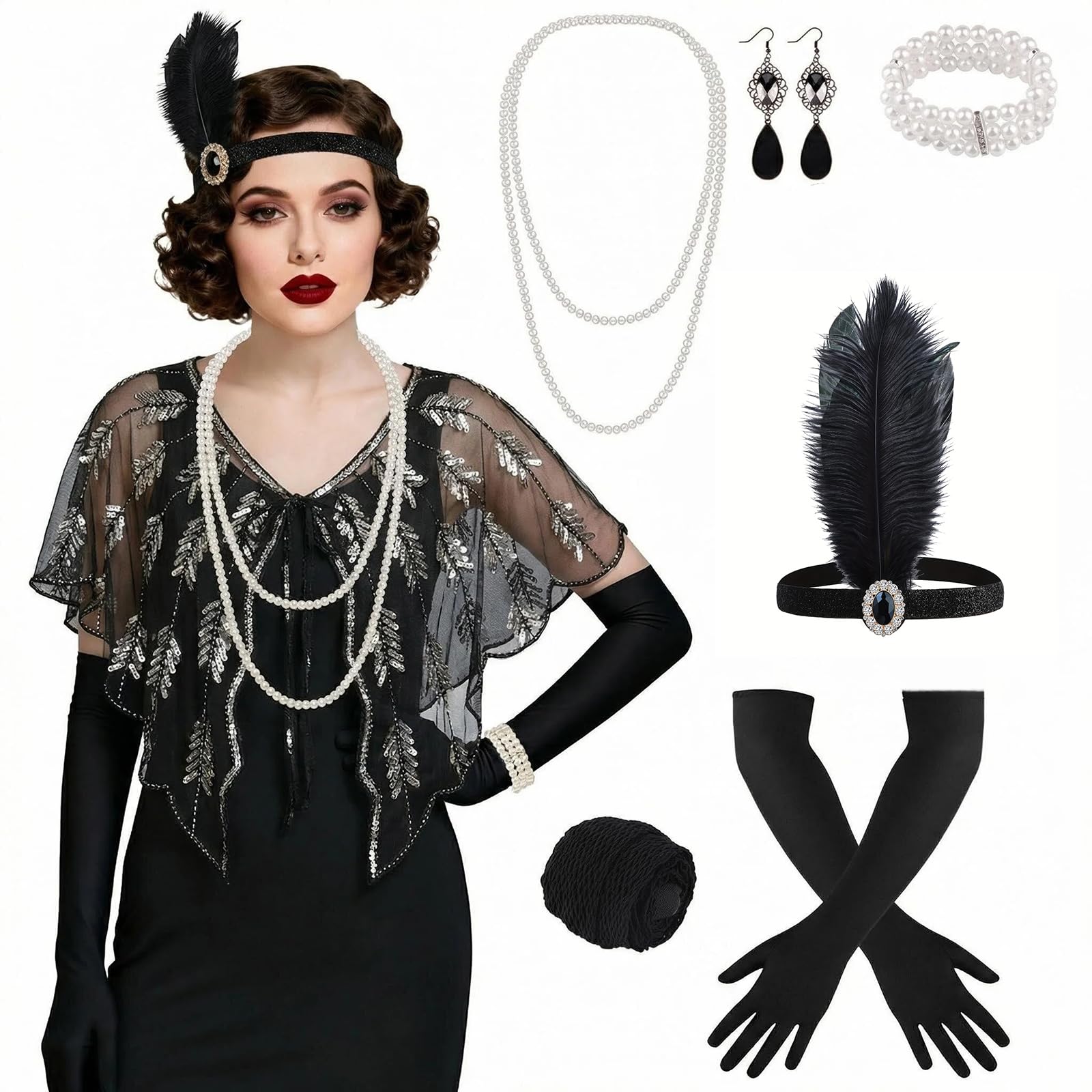 ELECLAND 10 Pieces 1920s Flapper Gatsby Accessories Set Fashion Roaring 20s Theme Set with Headband Headwear for Women (Black Silver, Style 3)
