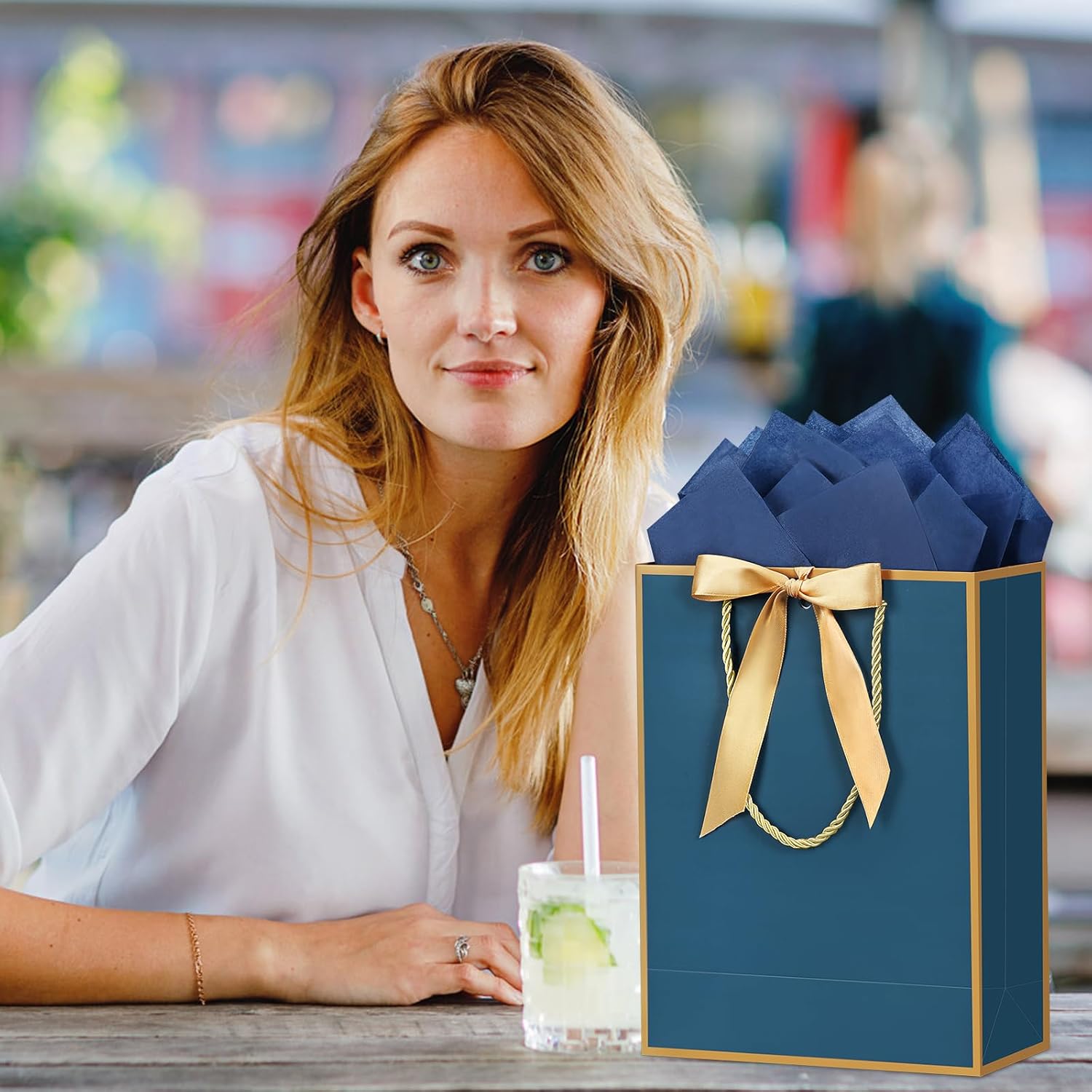 YoungTree 2PCS Medium Gift Bags with Ribbon and 2 Greeting Cards 4 Tissue Papers, Portable Paper Birthday Gift Bags with Handles, Present Bags for Valentines Day Wedding Party Supplies (Blue-Gold) - Image 6