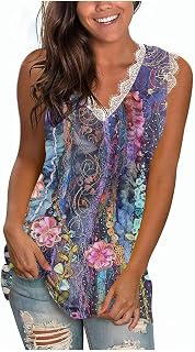 QI_LIANG Floral Shirts for Women, Sleeveless T Shirt Ladies School Tunic Spring Soft Hawaiian Patchwor T Shirt Floral Deep Neck Loose Cotton T Shirt for Women