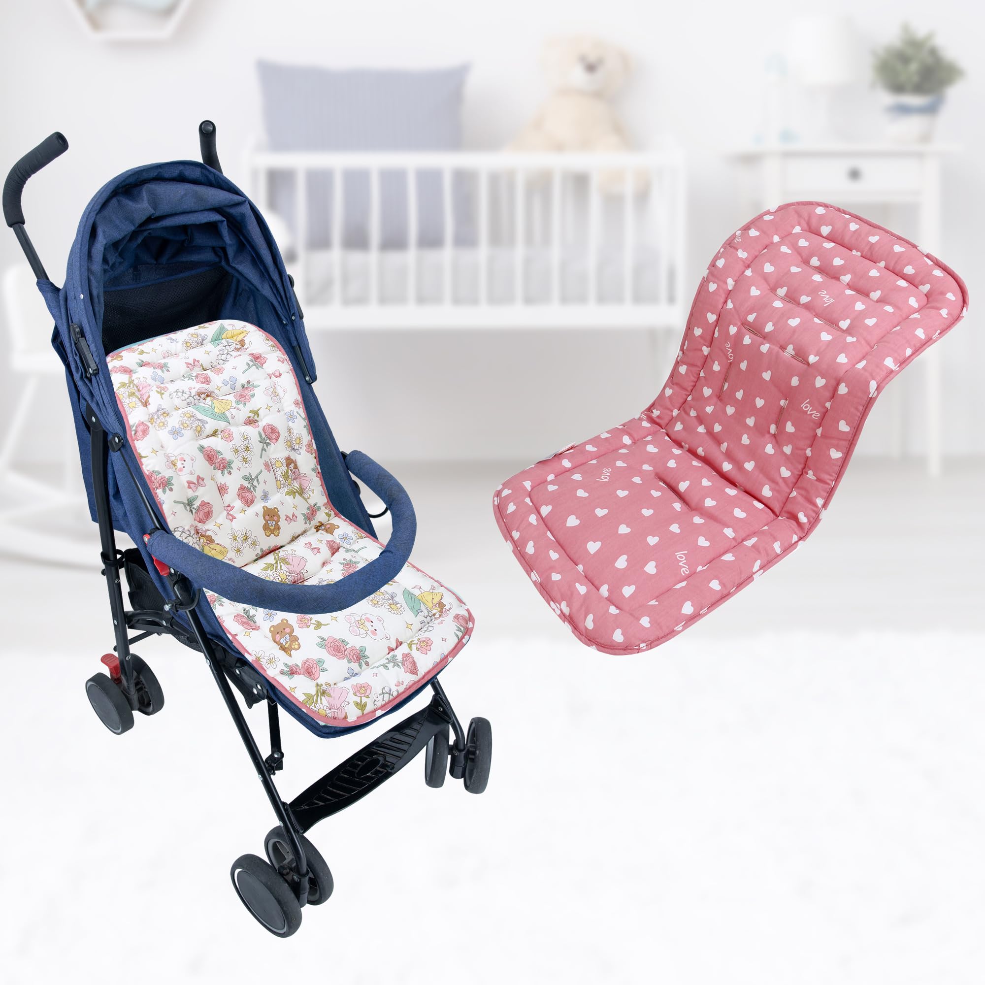 Baby Pushchair Seat Liners,Pram Liner Universal Fit for Most Pushchairs,100% Cotton Double-Sided Baby Stroller Cushion Pad,Stroller Seat Cover for Toddler Infant 1 Pack,78x34cm(Pink Garden+Hearts) - Image 4