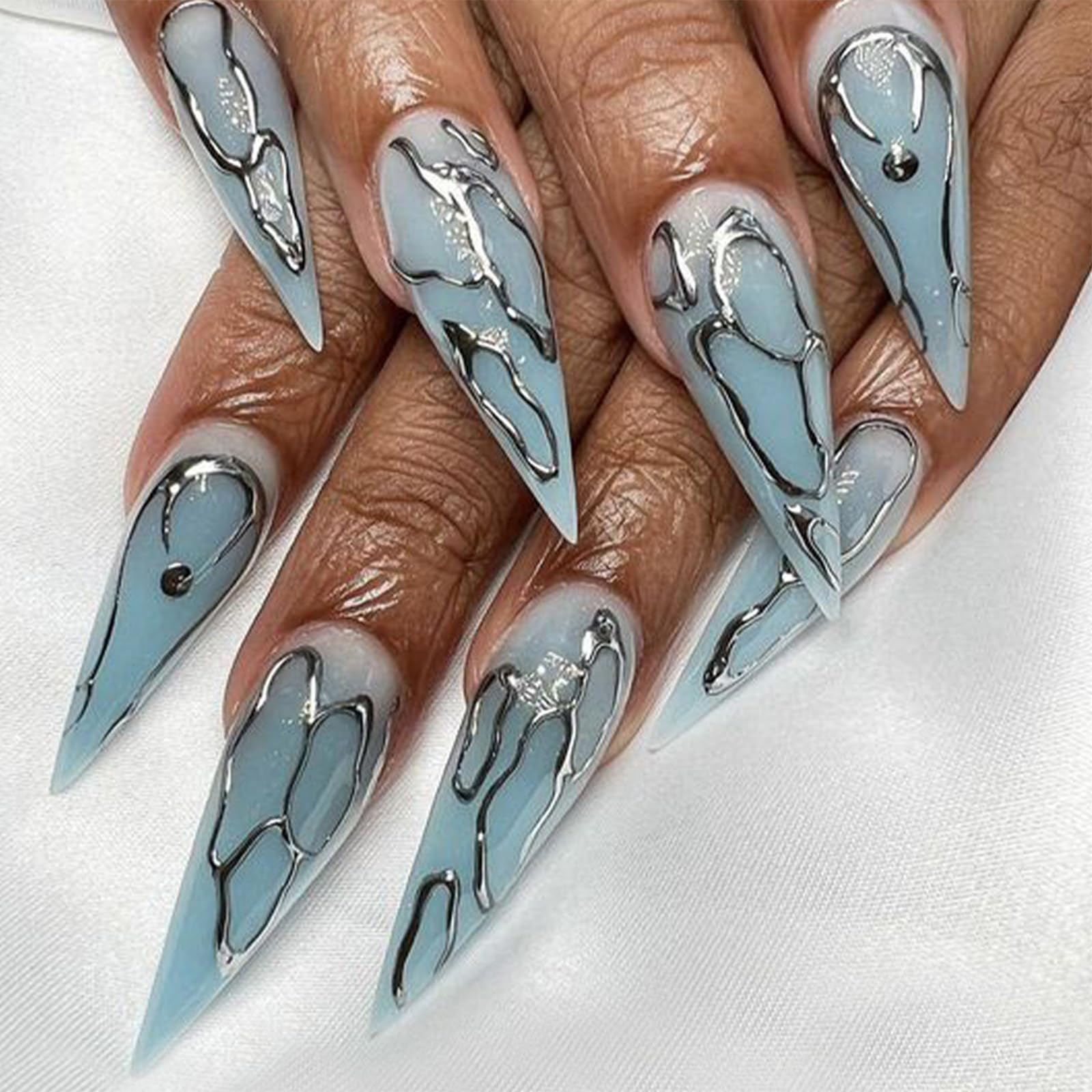 IMRAIN Blue Press on Nails Medium Almond Fake Nails Gradient Gel Glossy Full Cover Acrylic False Nails with Silver Lines Designs Y2K Reusable Glue