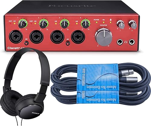 Focusrite Clarett+ 4Pre - Paquete de interfaz de audio de 18 pulgadas 8 salidas con auriculares estéreo y 2 cables XLR de 15 pies