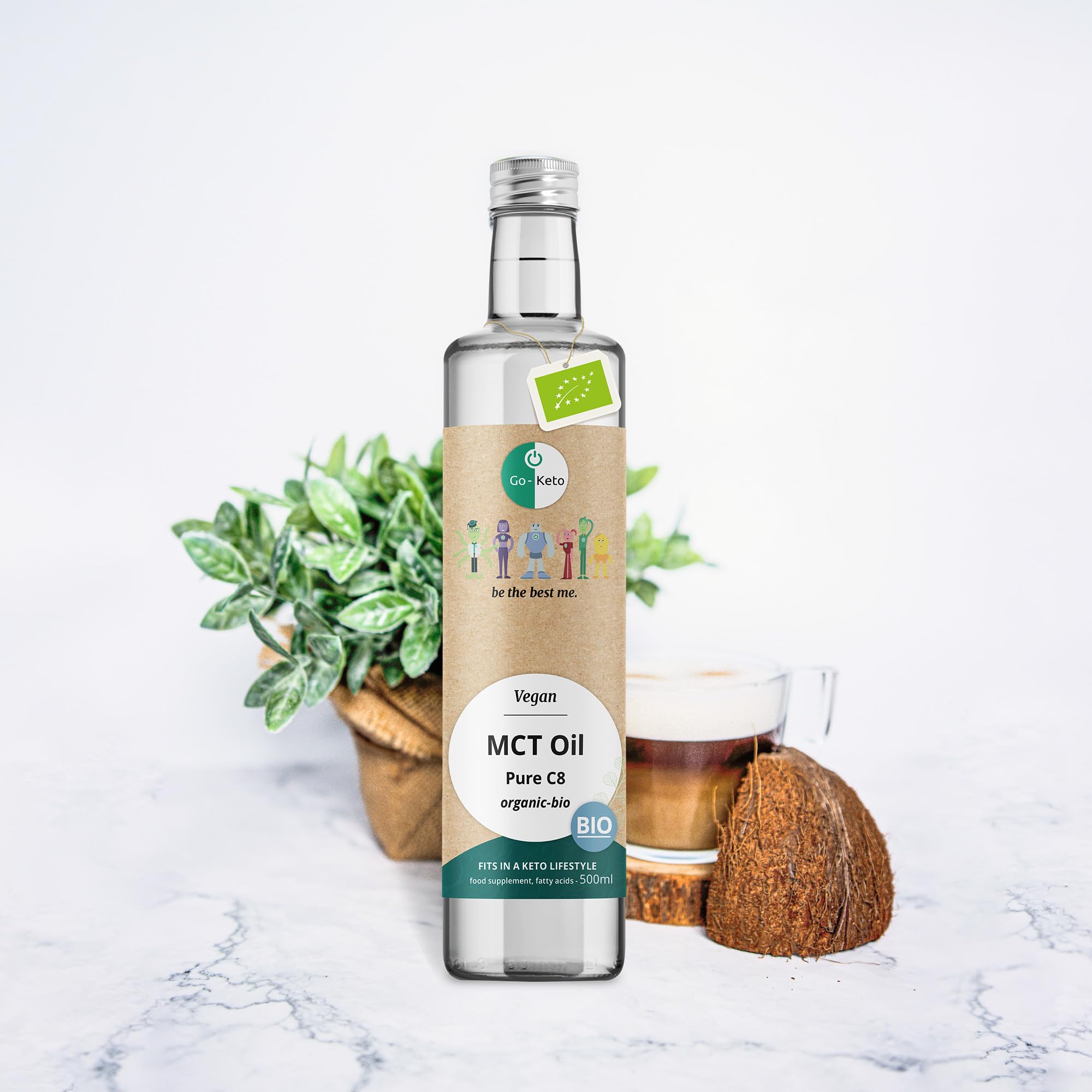 Go-Keto MCT Oil C8 BIO, 500ml - Huile MCT C8 de première qualité à base d'huile de coco BIO, parfaite pour un régime céto, idéal pour le Bulletproof Coffee ou le Keto Shake, huile TCM, Low Carb