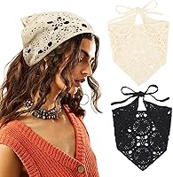 Vista 1 de DRESHOW Floral Crochet Hair Bandana 2 PCS Tie Knotted Headscarf Vintage Headband Knitted Head Kerchief for Women&Girls
