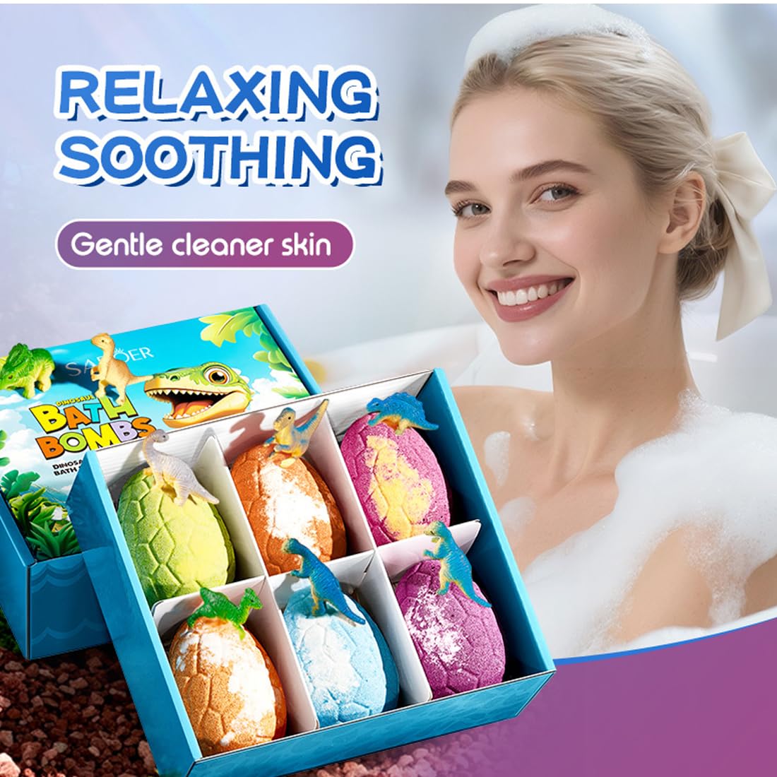 Set 6 Bath Bomb a Forma di Uovo di Dinosauro, Bombe da Bagno con Giocattoli a Sorpresa, Profumi Vari per Bagno e Pulizia