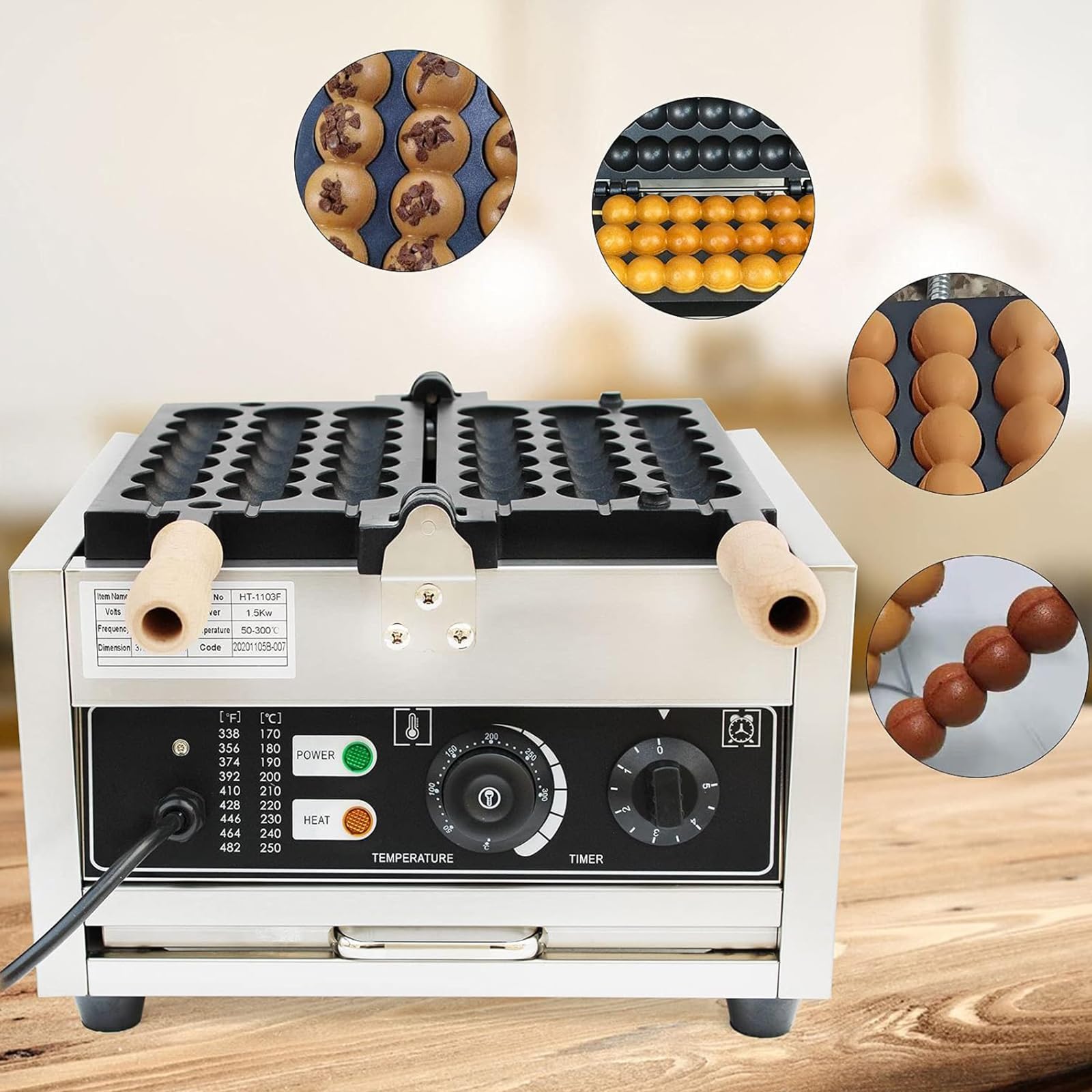 Gofrera De Bolas Comerciales, Máquina para Hacer Gofres De Brocheta De Burbujas Antiadherente 1400W, Plancha De Gofres para Panaderías,Restaurantes,Quioscos, Control De Tiempo Y Temperatura