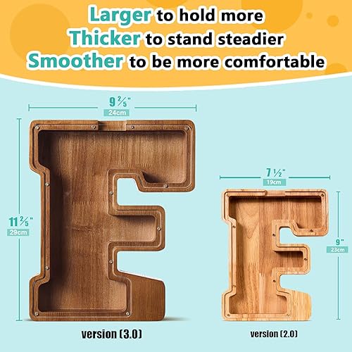 Miniatura 363 de SummiDate Alcancía de madera con nombre, niños y niñas, tamaño grande, letras alfabeto A-Z, monedas y billetes, inicial en cubierta transparente