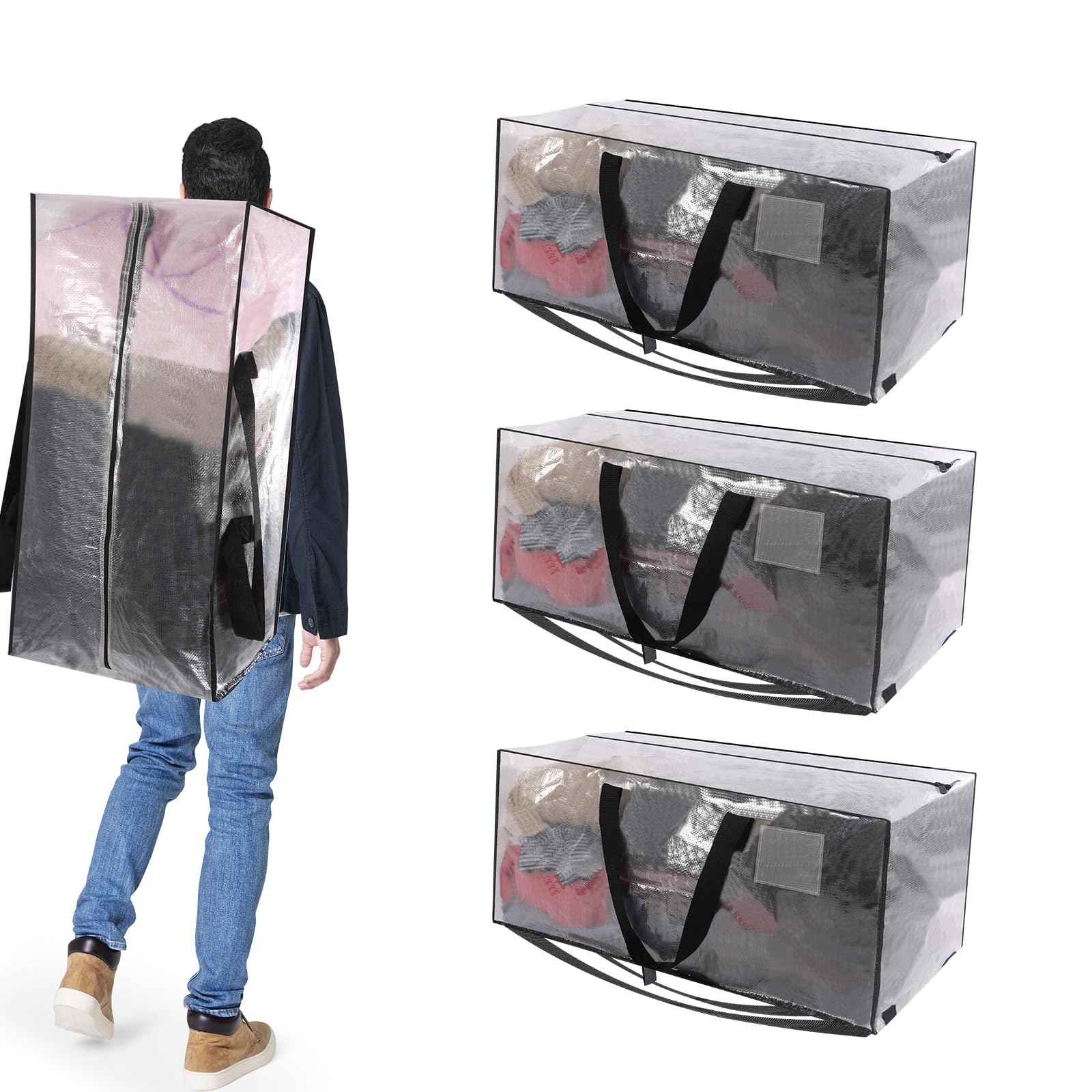 Moving Bags Clear 4 Pack Extra Large Tote Container Oversized Storage Pockets with Backpack Straps, College Dorm, Traveling, Camping, Packing Organizer, Reusable and Sustainable