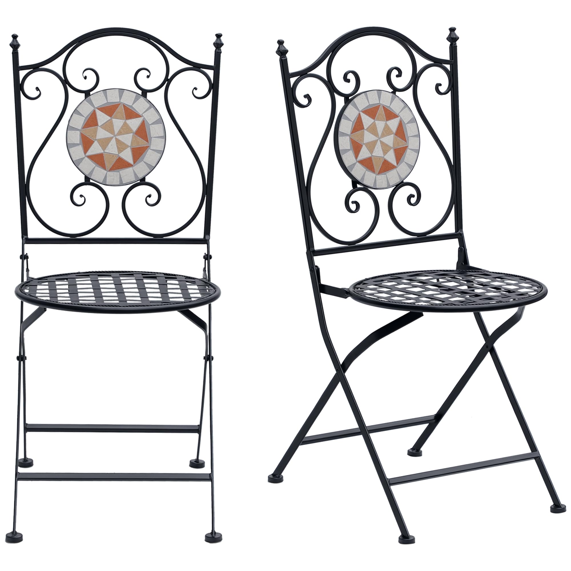 Outsunny Set de 2 Sillas Plegables de Jardín Bistro 50x40x94,5 cm Negro | Silla Asiento Mosaico, para Terraza Balcón, Metal, Carga 120 kg