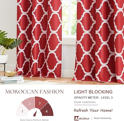 Miniatura 4 de Melodieux - Cortinas opacas de estilo marroquí con aislamiento térmico y ojales para oscurecer la sala de estar, 42 x 96 pulgadas, color rojo (2