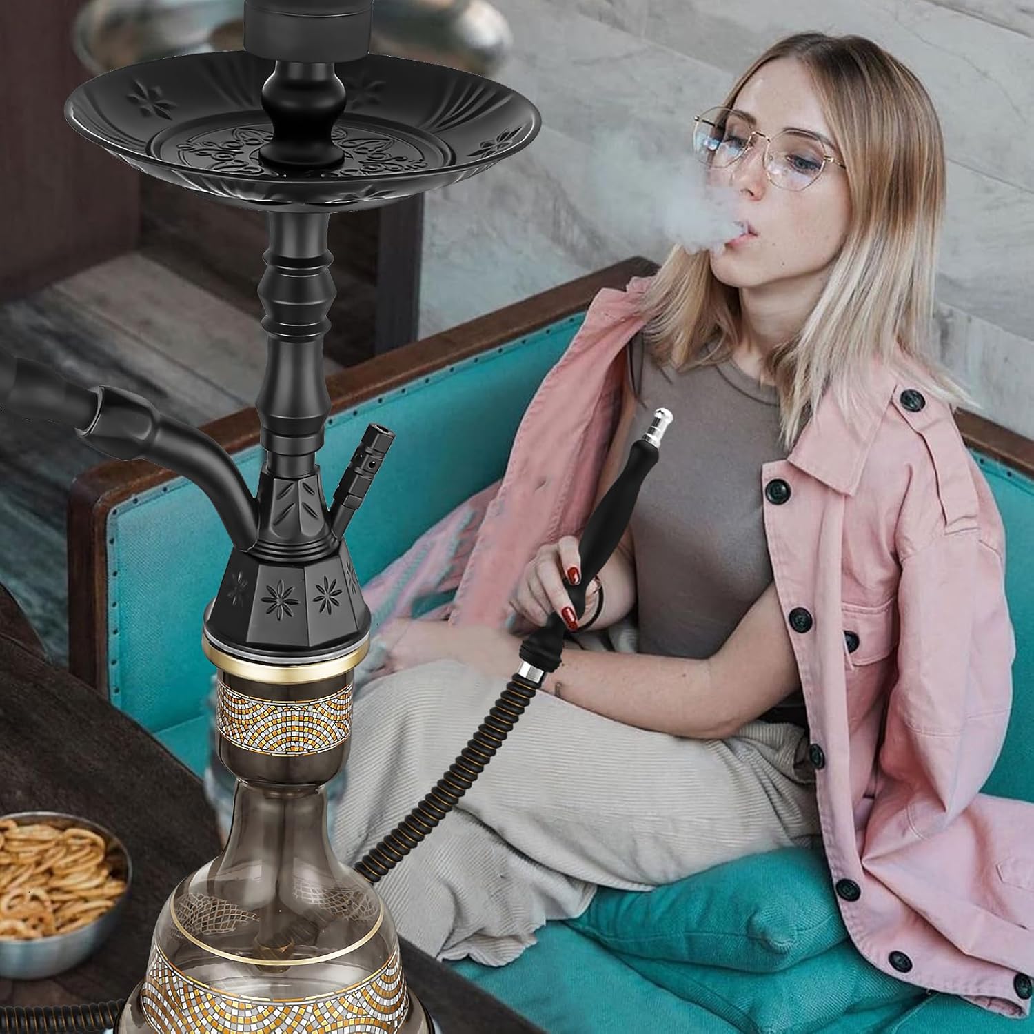 Hoowa Hookah Set Zinc Alloy Stem Art Vase Include Accessories Premium Shisha Hookah (Matte Black)