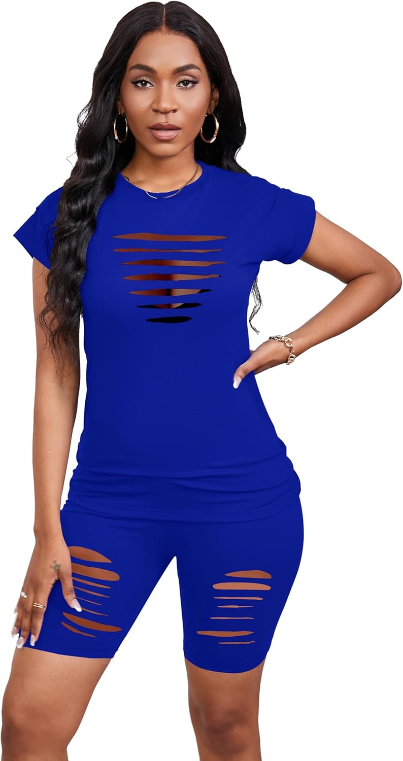 PINSV Women 2 Piece Outfits Summer Sweatsuits Biker Short Workout Jogger Sets - Image 3