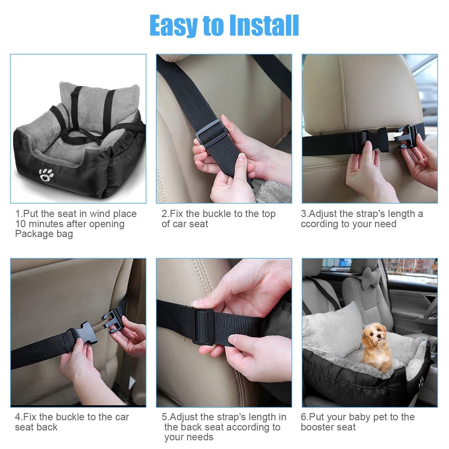 FRISTONE Dog Car Seat, Travel Carrier with Clip-on Safety Leash and Storage Pocket - Comfortable and Anti-Slip for Puppy, Small Pet - Black — view 6