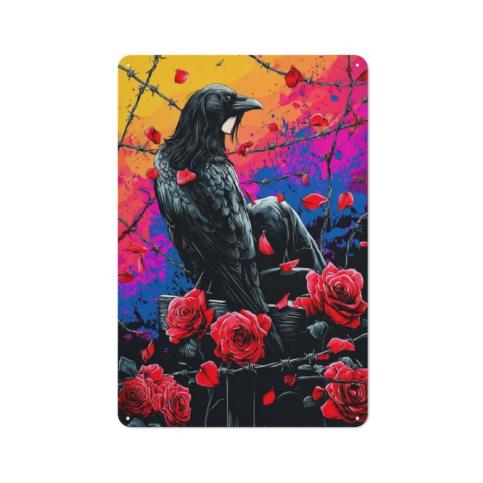 Junmoney Raven Amidst Barbed Wire And Roses -1 Metal Wall Sign 30X20cm Featuring For Garage Wall, A Housewarming Gift For People Furnishing A Garage