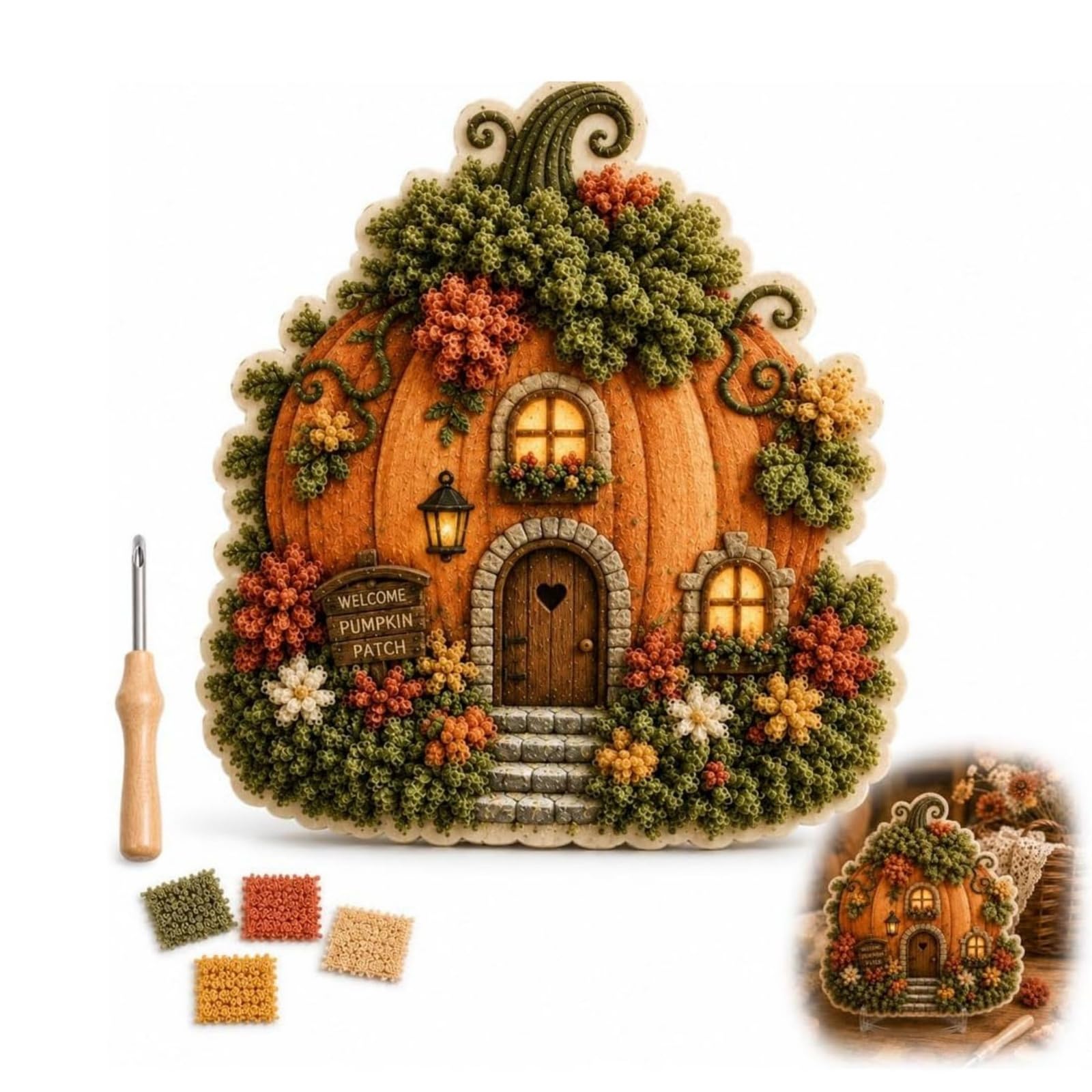 Whimsical Village 3D Fabric Poke Art Kit, Floral Mushroom Cottage (#E)