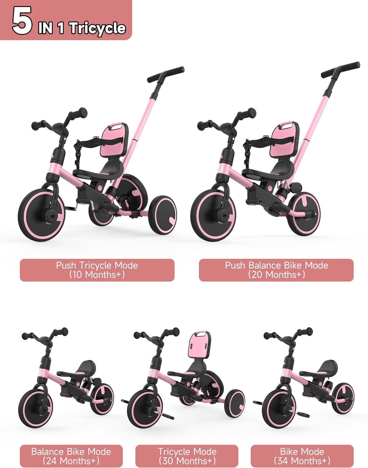 besrey Toddler Bike 1-3 Years Old,Toddler Tricycle with Spare Wheel,5 in 1 Kids Trike with Push Handle,Backrest and Safety Belt,Balance Bike 1+ Year Old,Birthday Gift and Toy for Boys and Girls Pink