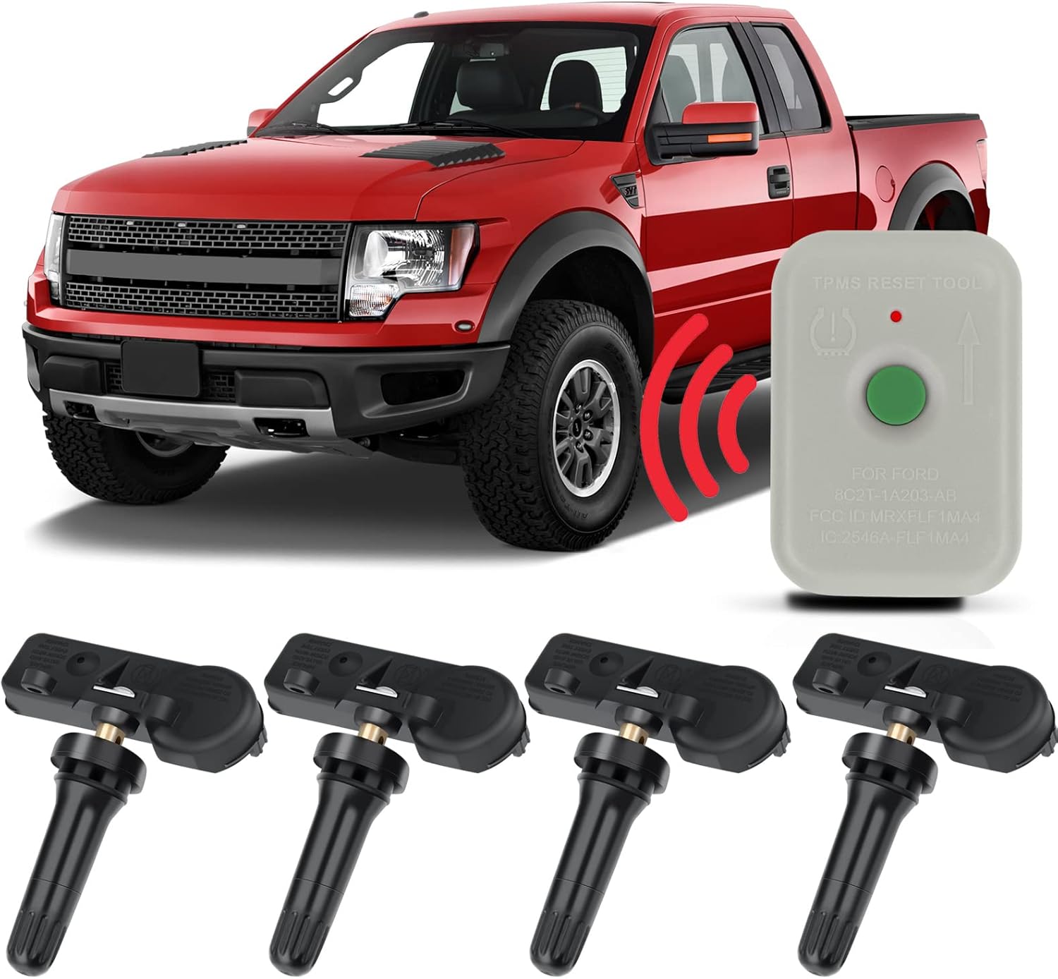 4Pack DE8T-1A180-AA 315MHz Tire Sensors with Relearn Tool Compatible with Ford F150 C-MAX E150 E250 Edge Escape Expedition Explorer Focus Fusion Mustang Taurus Lincoln