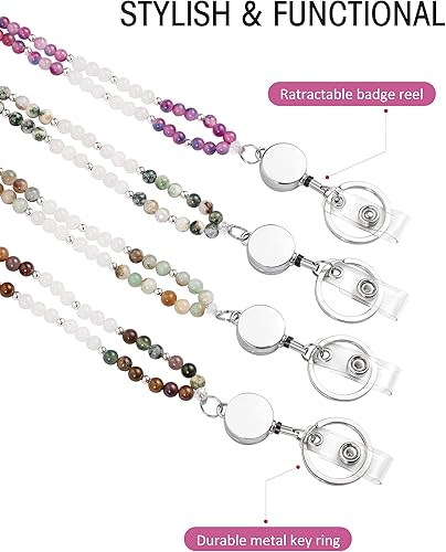 Miniatura 4 de Cordones con cuentas para tarjetas de identificación y llaves, lindo cordón retráctil para profesores, cordones de piedra natural para mujeres