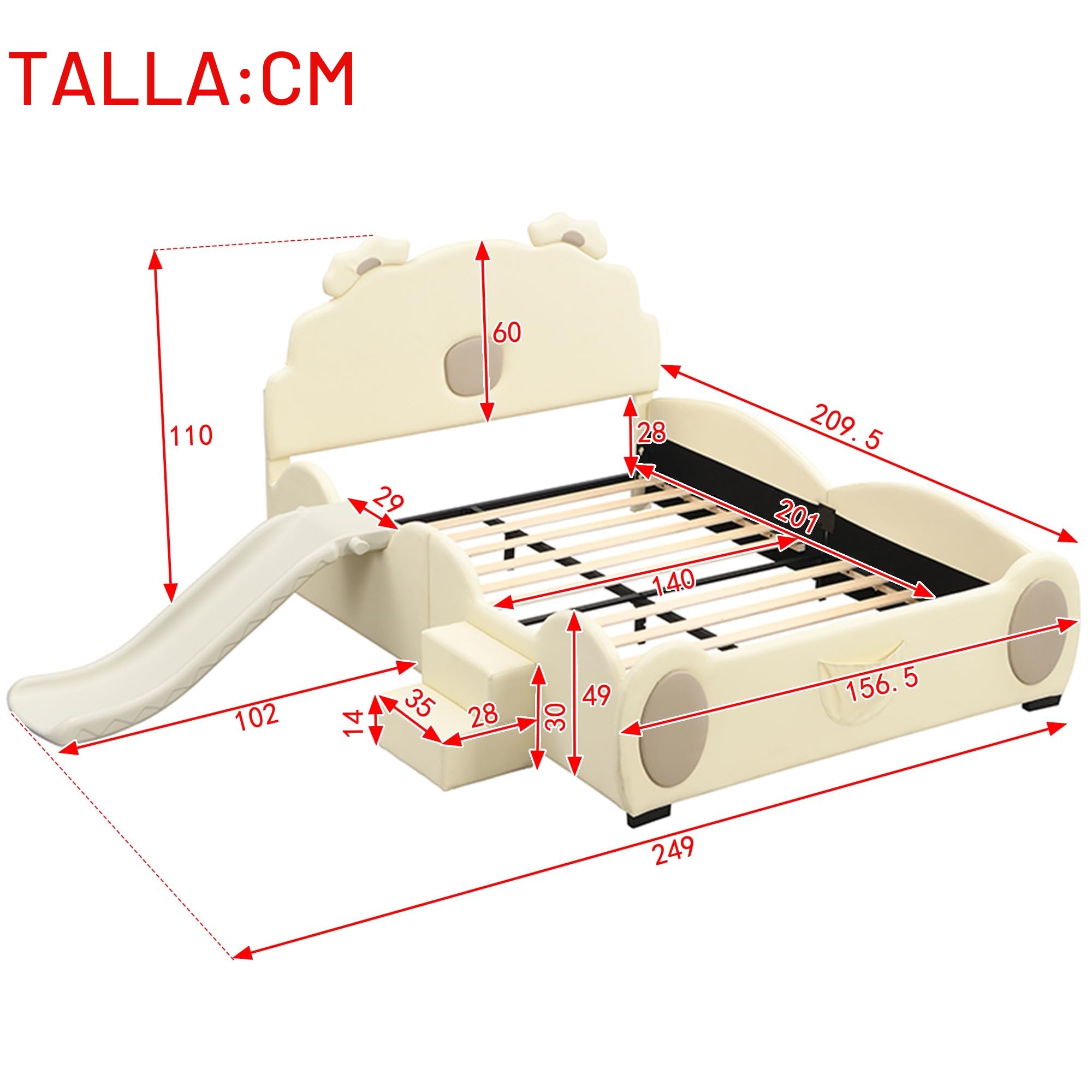 Cama Infantil de 140 x 200 cm, con diseño de Dibujos Animados, Cama Individual, Equipada con tobogán y Escalera, Material de Poliuretano, fácil de Limpiar, Bonita Forma, Color Beige