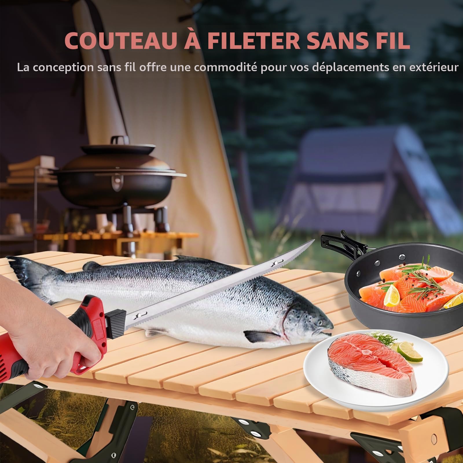 YUCHENGTECH Couteau à Filet Électrique pour Poisson Couteau à Filet Sans Fil avec 4 Lames en Acier Inoxydable, 2 Batteries Rechargeables et Étui de Transport de Rangement
