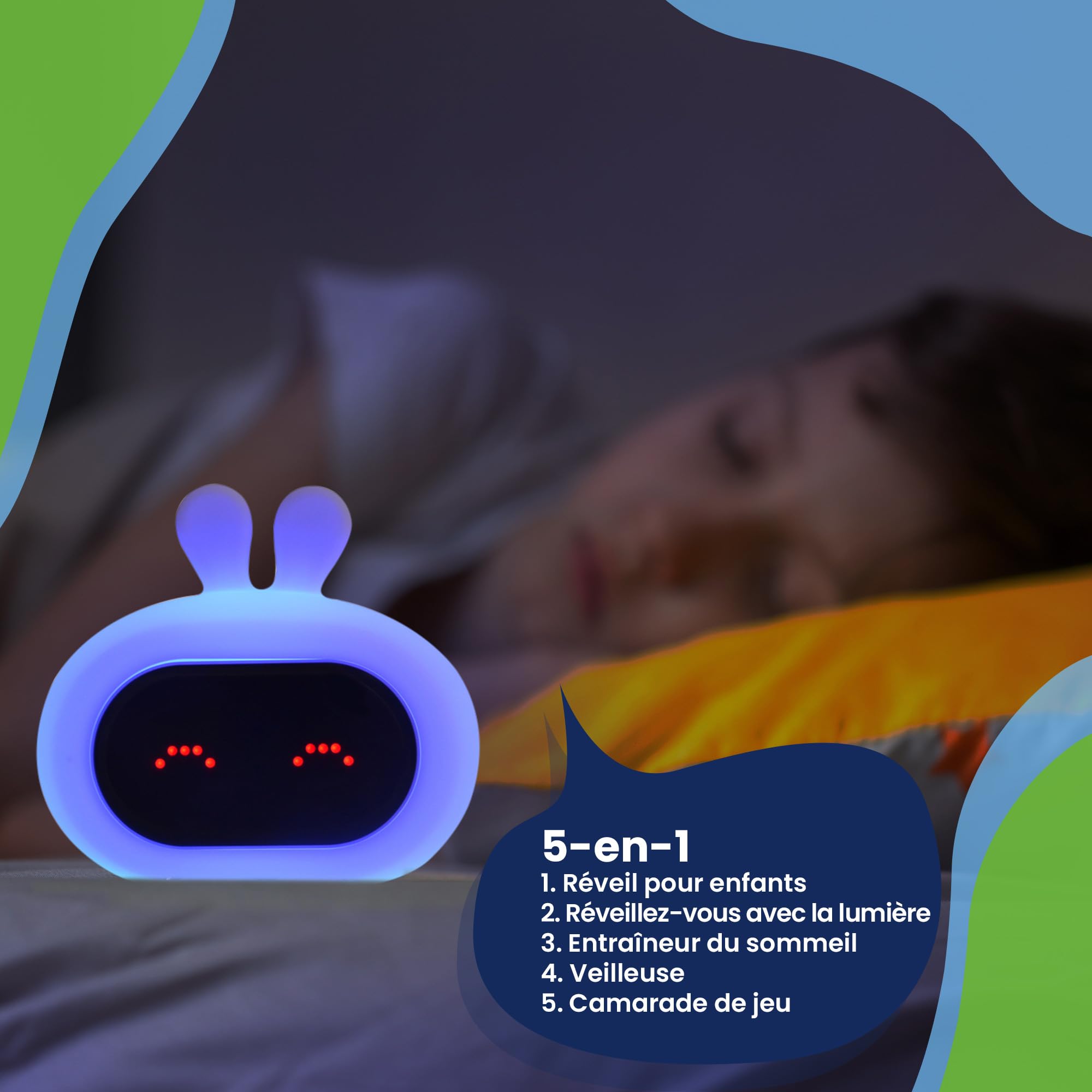 Réveil Enfant Lapin (Blanc) - avec Expressions Faciales et Fonction Tapotement - Lumière de Réveil - Entraîneur de Sommeil - Veilleuse - Jouet Numérique