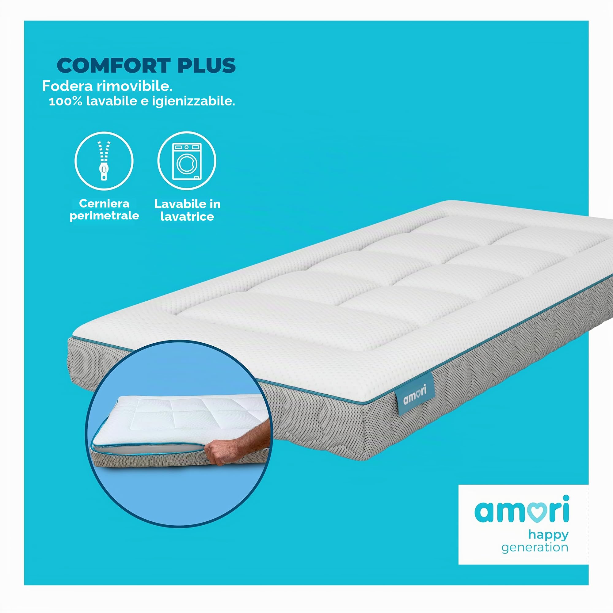 AMORI - Materassino Antisoffoco 80x50 cm per Culla Lettino - Sfoderabile, Anallergico - Doppia Faccia Estate/Inverno - Certificato OEKO-TEX - Spessore 8 cm - Comfort Plus