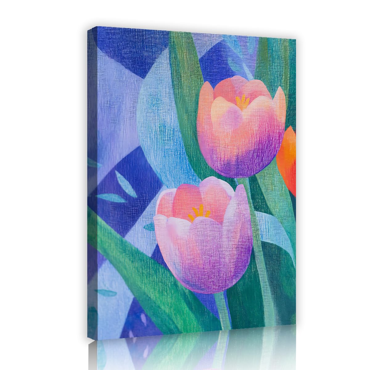 TOANGWALL Abstract Geometric Tulip Framed Canvas Artwork Modern Purple Pink Flower Botanical Green Leaves Picture Giclee Printed Poster for Bedroom Office Decor 60x90cm