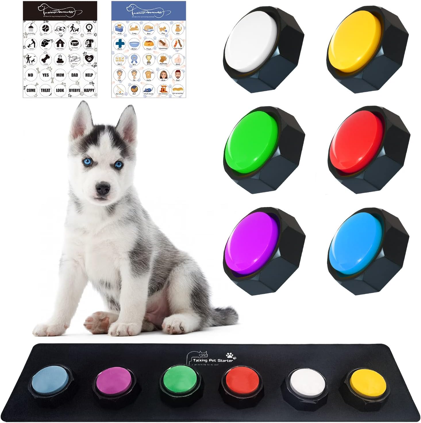 KiViRap Set of 6 Colors Dog Buttons-Dog Buttons with Rubber Mat,50 Stickers, 36 Pairs Adhesive Dots-Train Your Dog to Voice What They Want