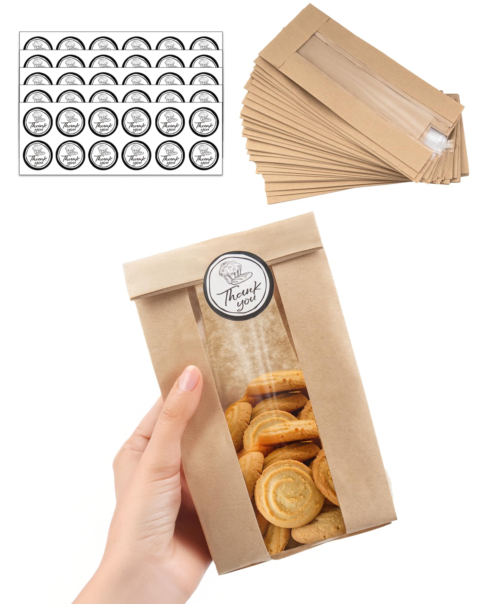 Bake Choice 50 PCS Small Cookie Bags with Seal, 3.5"x 2.3"x7.5" Kraft Brown Paper Bags with Stickers, Bakery Bag for Snack, Cupcake, Coffee Bean,