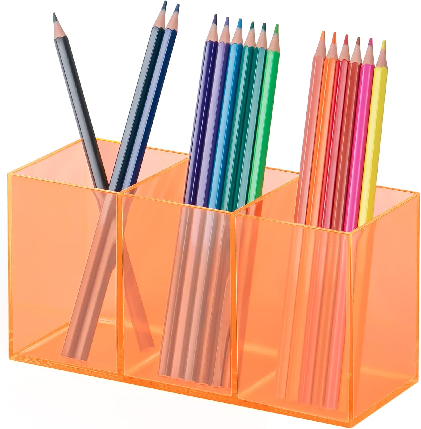 YestBuy Pen Holder Marker Organizer,Pencil Cup Brush Storage,Acrylic Desk Accessories-Ideal for Pens,Markers, Pencils,Work Tools,Brushes,Toothpaste&Toothbrush,3 Compartments-Orange