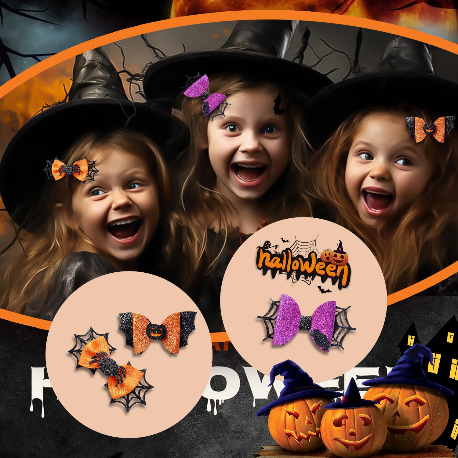 Miaija 6Pieces Halloween Hair Bow Clips Glitter Pumpkin Bat Spider Bow Hair Clip Multicolor Halloween Cosplay Party Girl Decoration for Women Kids Hair Accessories - Image 3
