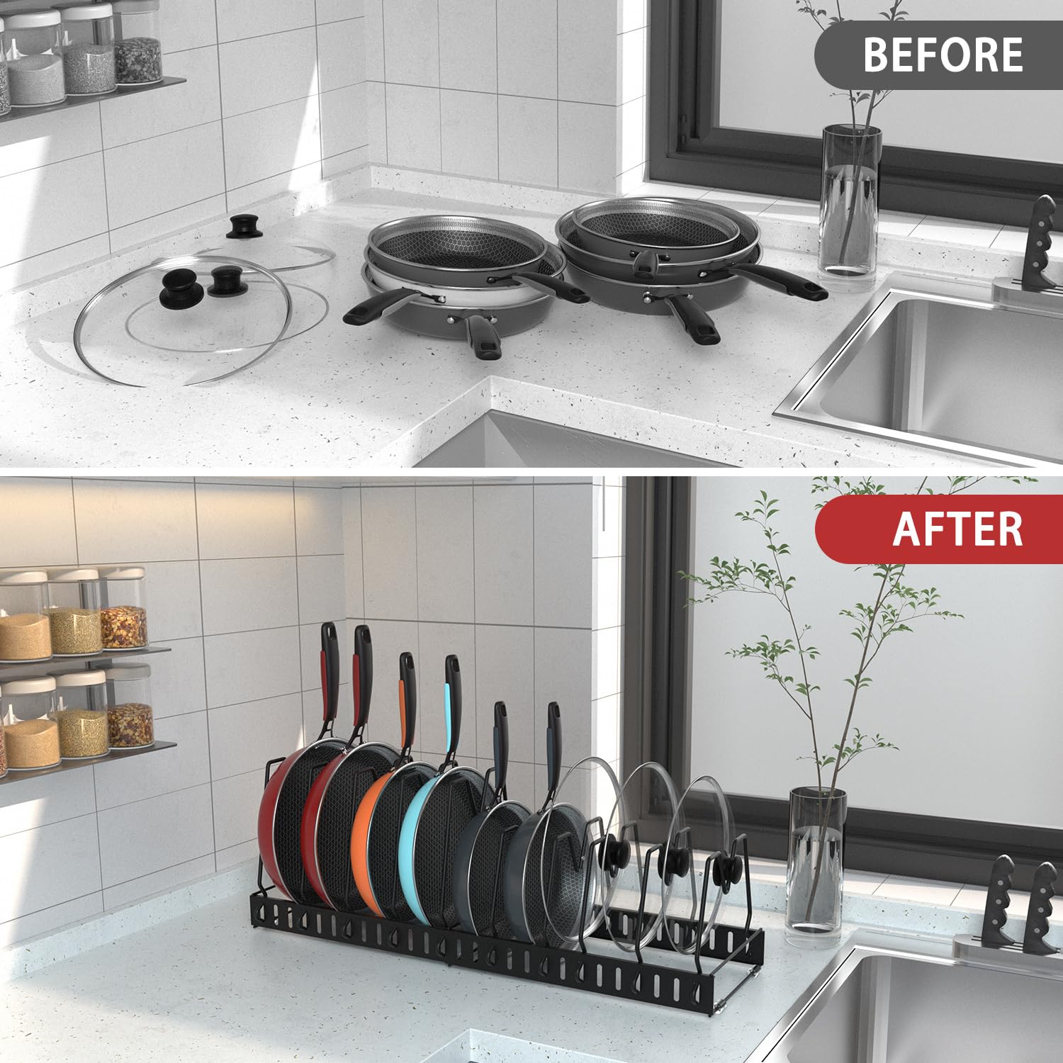 MENGCOOL Organizer Porta Coperchi Pentole - 10 Scomparti Regolabili, Salvaspazio, Bianco, Per Cassettone Cucina