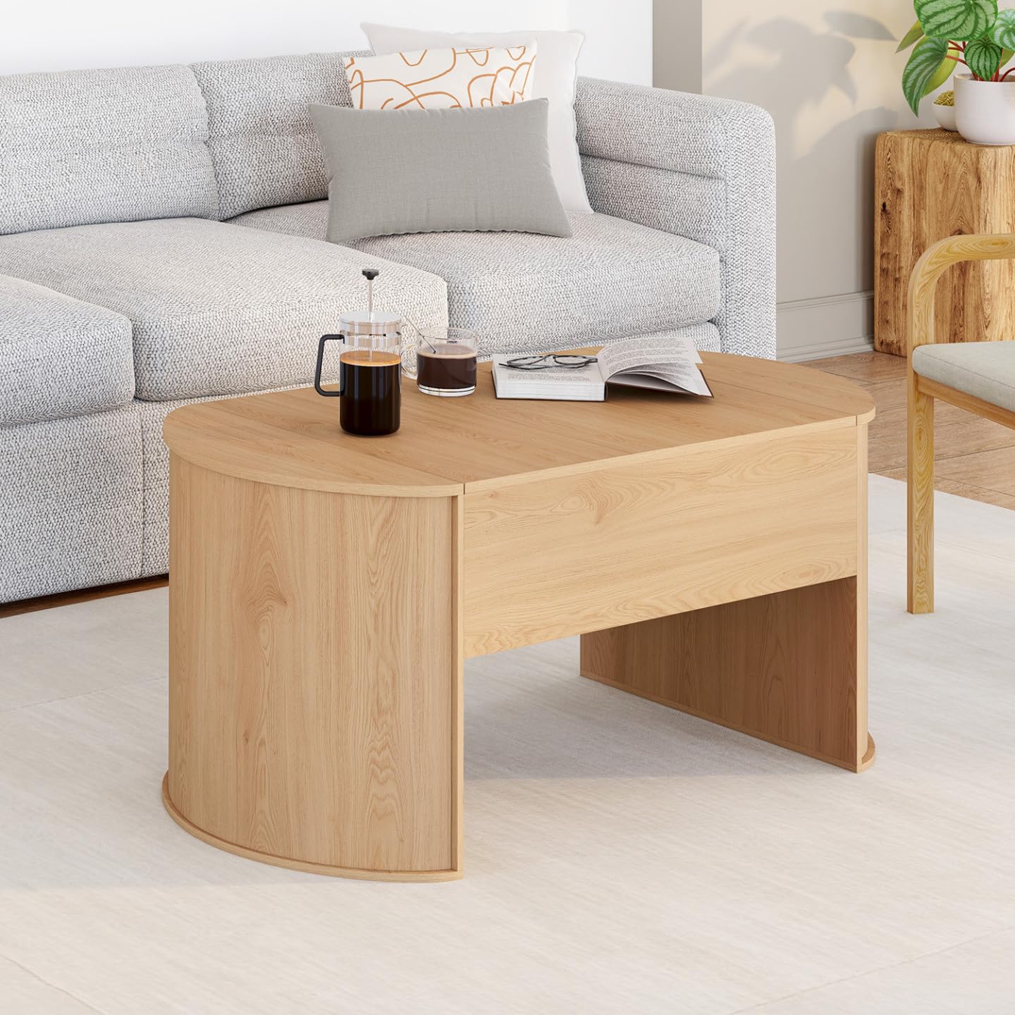 IDMarket - Mesa baja elevable DIVIA Oval Madera | 100 cm, diseño redondeado, color madera de haya