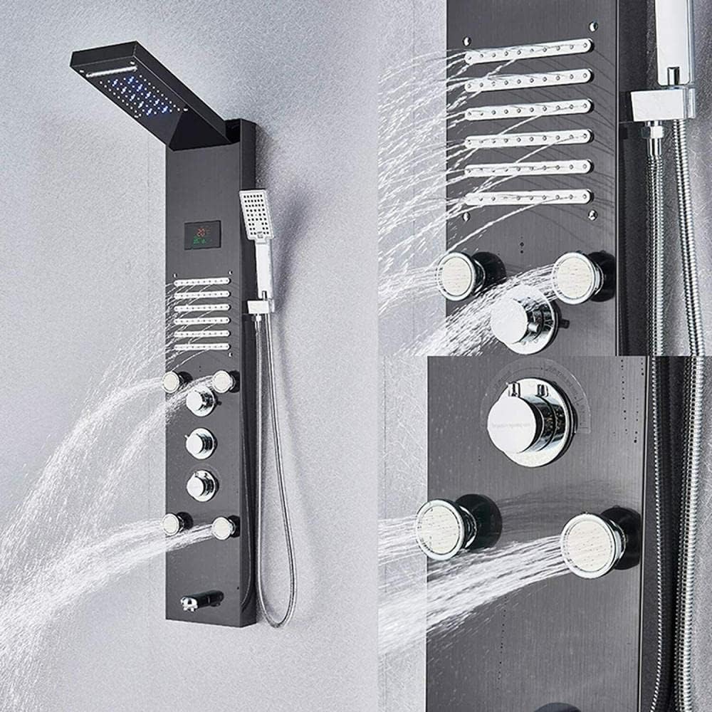 Stainless Steel Shower Panel Led Tower System Rain Massage Nozzle Black